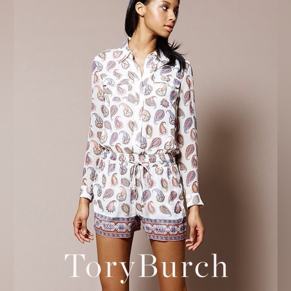 Tory Burch Brigette Paisley Print 100% Silk Long Sleeve Romper Size X-Small